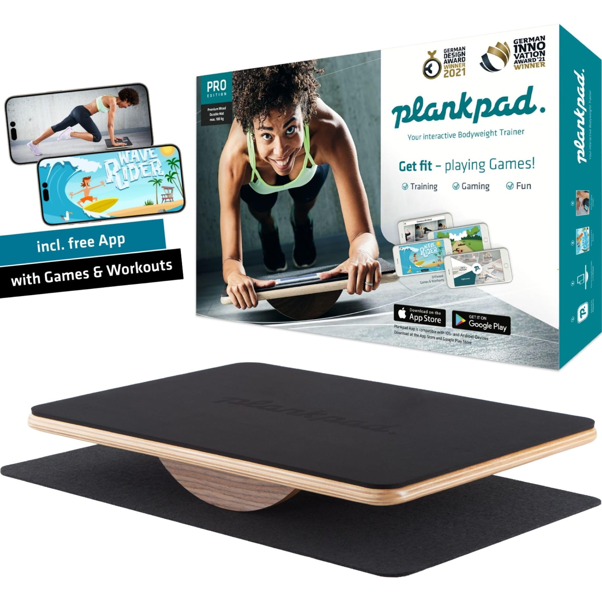 Plankpad PRO - Interactive Balance Board for Full Body Training, Abdominal Muscle Plank-Trainer with Apps, Games and Workouts - Fitness-Hometraining for the whole family