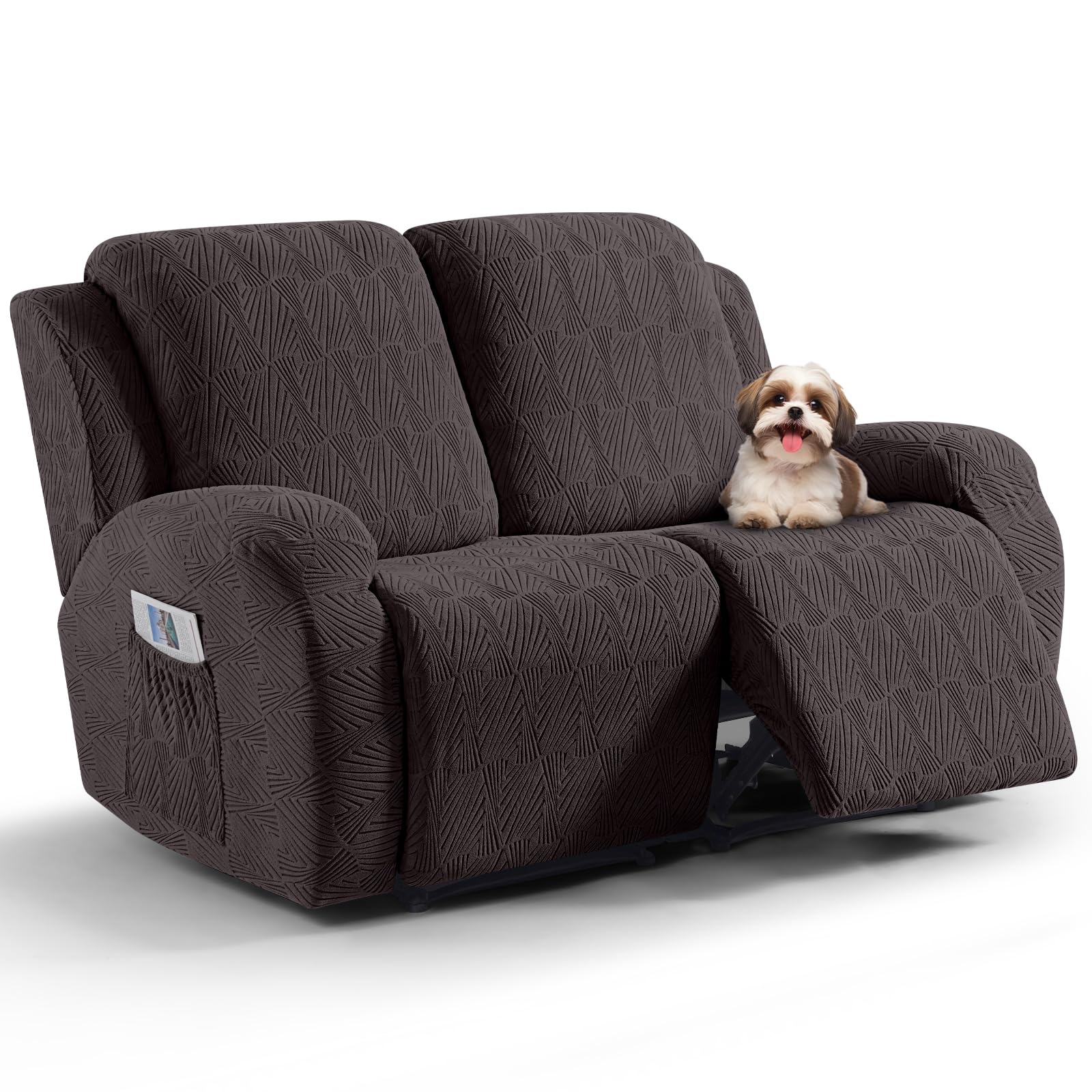 Photo 1 of VANSOFY Recliner Loveseat Cover, 6-Pieces Stretch Dual Recliner Sofa Cover Soft Jacquard Reclining Couch Slipcover Furniture Protector with Elastic Bottom for Kid, Pets(2 Seat,Chocolate)