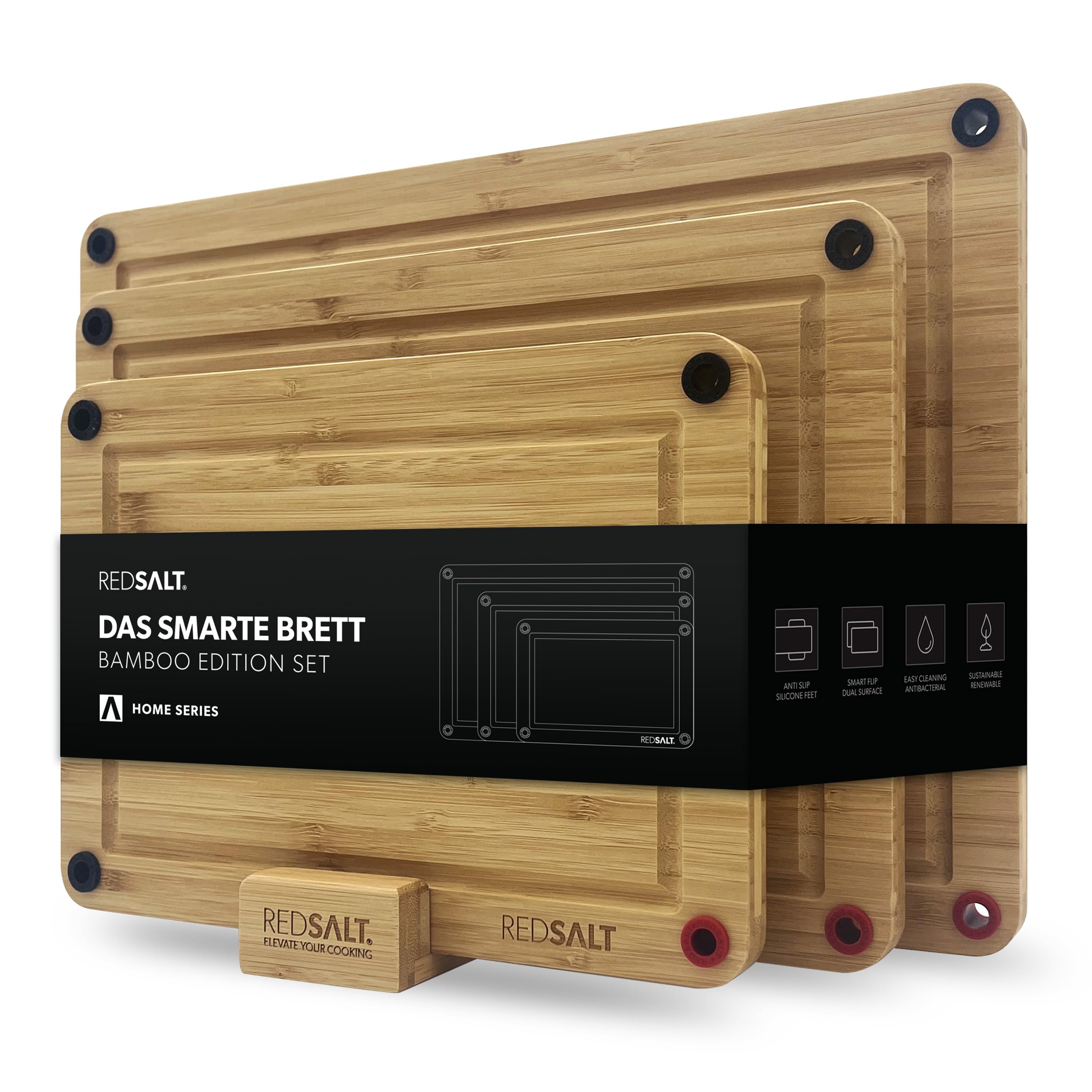 REDSALT® Innovative Organic Bamboo Wooden Chopping Board, Set of 3, Non-Slip, 38 x 26, 32 x 22, 26 x 18 cm Wooden Sustainable Kitchen Board Reversible Antibacterial Deep Juice Groove, FSC Gift BBQ