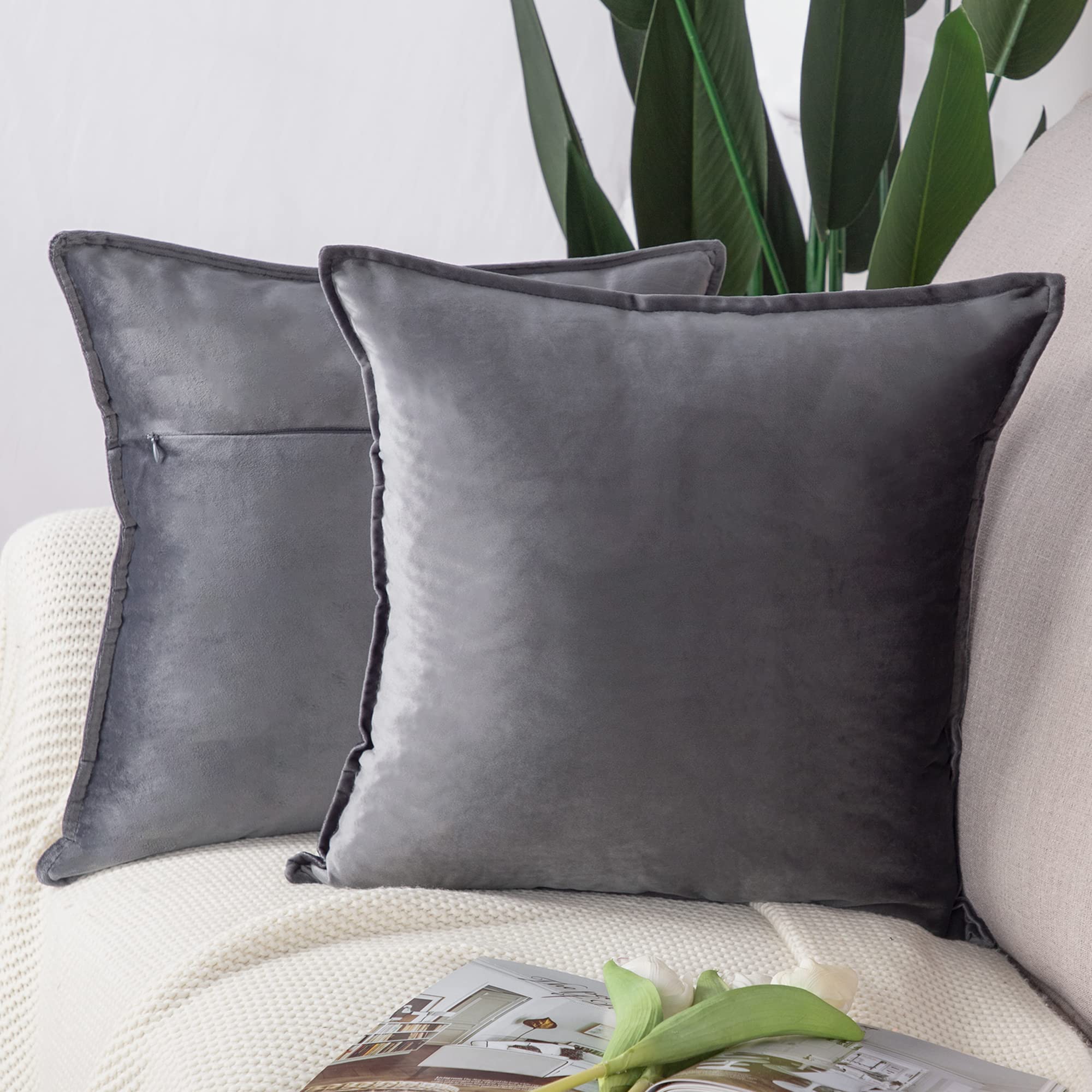 Madizz Pack of 2 Super Soft Velvet Decorative Cushion Covers with Fringe Luxury Style Cushion Case Pillow Shell for Sofa Bedroom Square Grey 18x18 inch, 45x45 cm