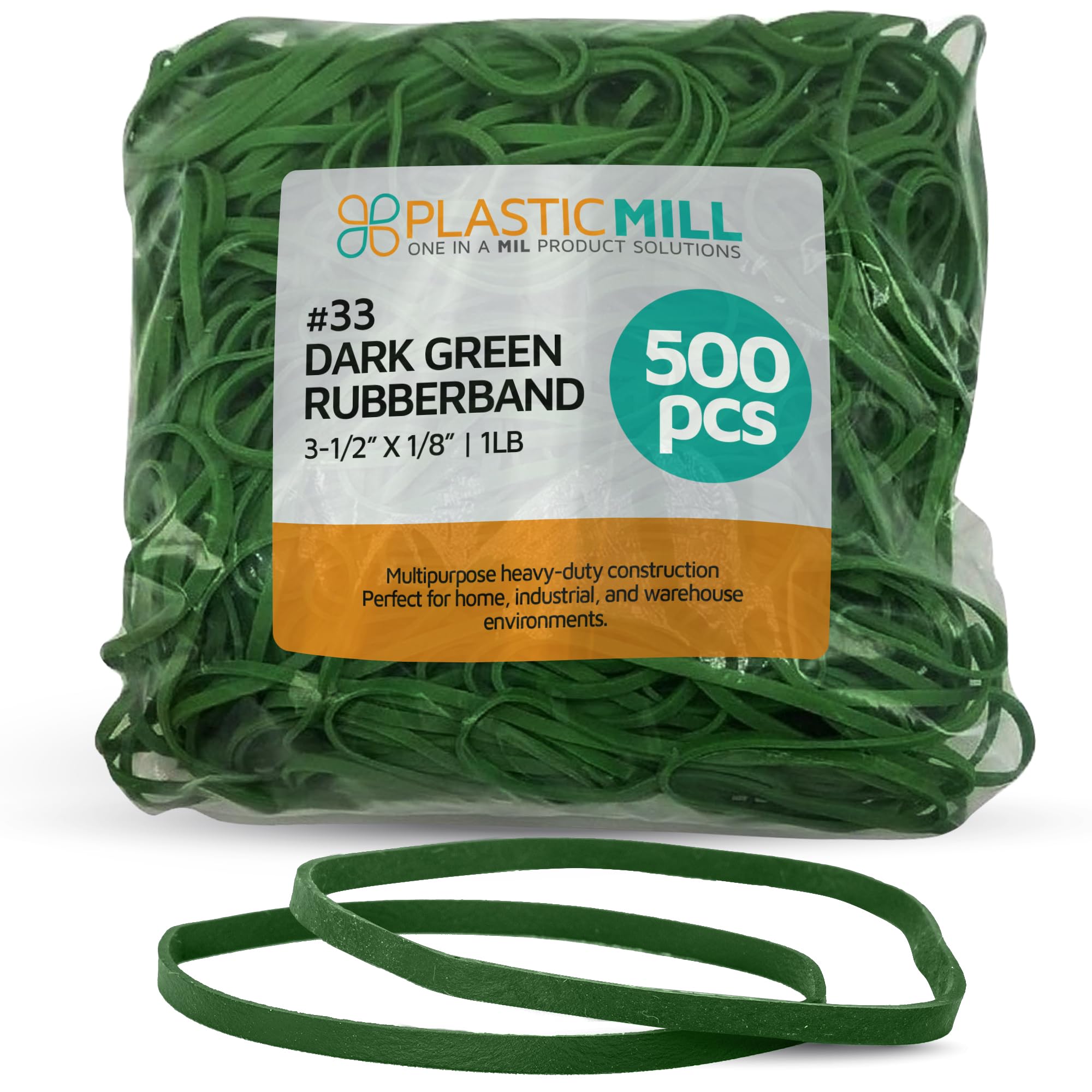 PlasticMill Rubber Bands - #33 Size - Rubberbands - 1Lb/500 Count 1 Pound / 500 Count Dark Green