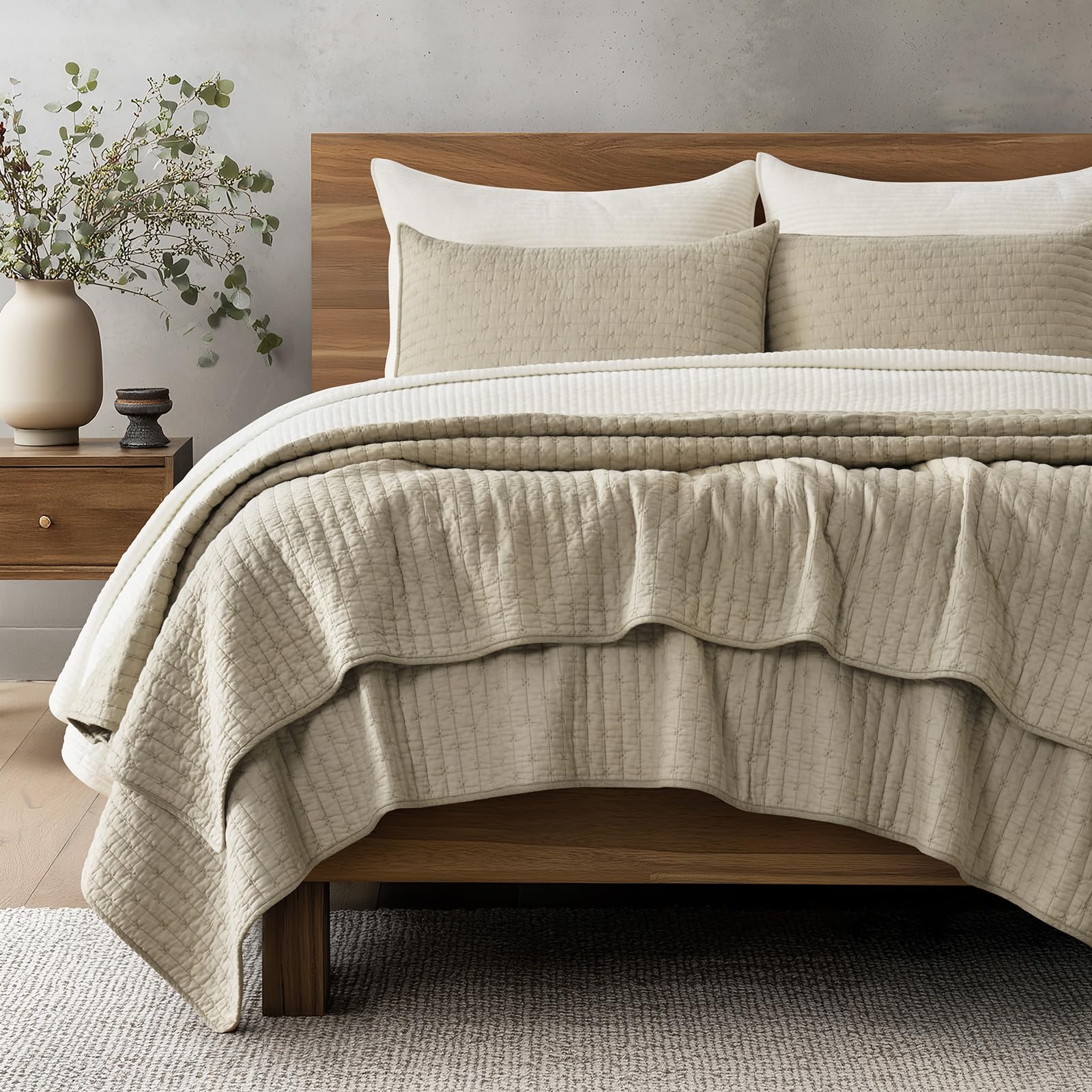 Photo 1 of EVERGRACE Cross Stitch Pre-Washed Cotton Quilt Bedding Set Queen Size, Oversized 3 Pieces Lightweight Bedspread Coverlet for All Season, with 2 Matching Shams, Driftwood, 92"x96"