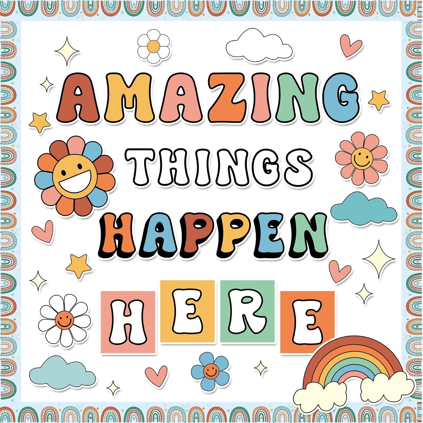 Photo 1 of Amazing Things Happen Here Bulletin Board Rainbow Bulletin Board Decoration Set Inspirational Welcome Back to School Cutouts Decorations Classroom Wall Decor