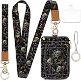 Mavellin Lanyard Wallet with Id Badge Holder Goth Keychain for Card Women | RFID Small Wristlet, Neck Phone Lanyard, Skull Zipper Pouch, Wrist Strap, for Key Credit Card, Work Office, Teacher, Gifts
