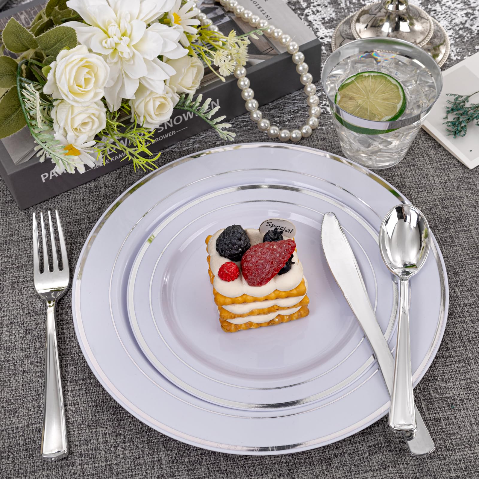 WELLIFE 350-Piece Silver Plastic Dinnerware Set - Disposable 10.25