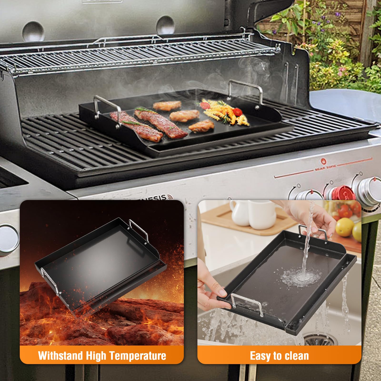 Universal BBQ Plancha Grillplatte 63,5 x 40,6 CM mit Abnehmbarer Griff, Universal passend für Weber Gasgrill & Holzkohlegrill,Grillpfanne für Burger Fleisch Gemüse 6