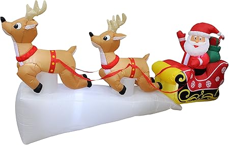 8 Foot Long Christmas Inflatable Santa Claus On Sleigh With Two Flying Reindeer Gifts Led Lights Decor Outdoor Indoor Holiday Decorations Blow Up
