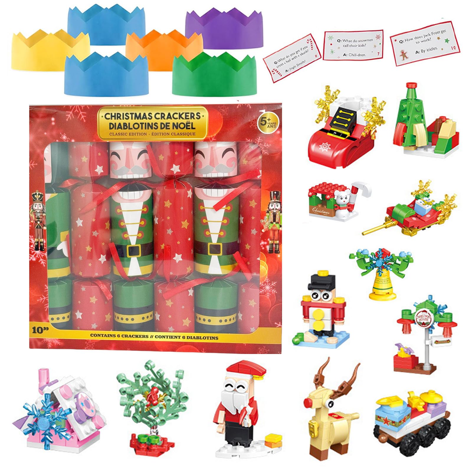Christmas Crackers Pack of 6,Luxury Christmas Party Crackers Xmas Crackers with Santa Building Block,Novelty Christmas Family Crackers with Novelty Gifts Party Hats Xmas Gift for Christmas Decoration