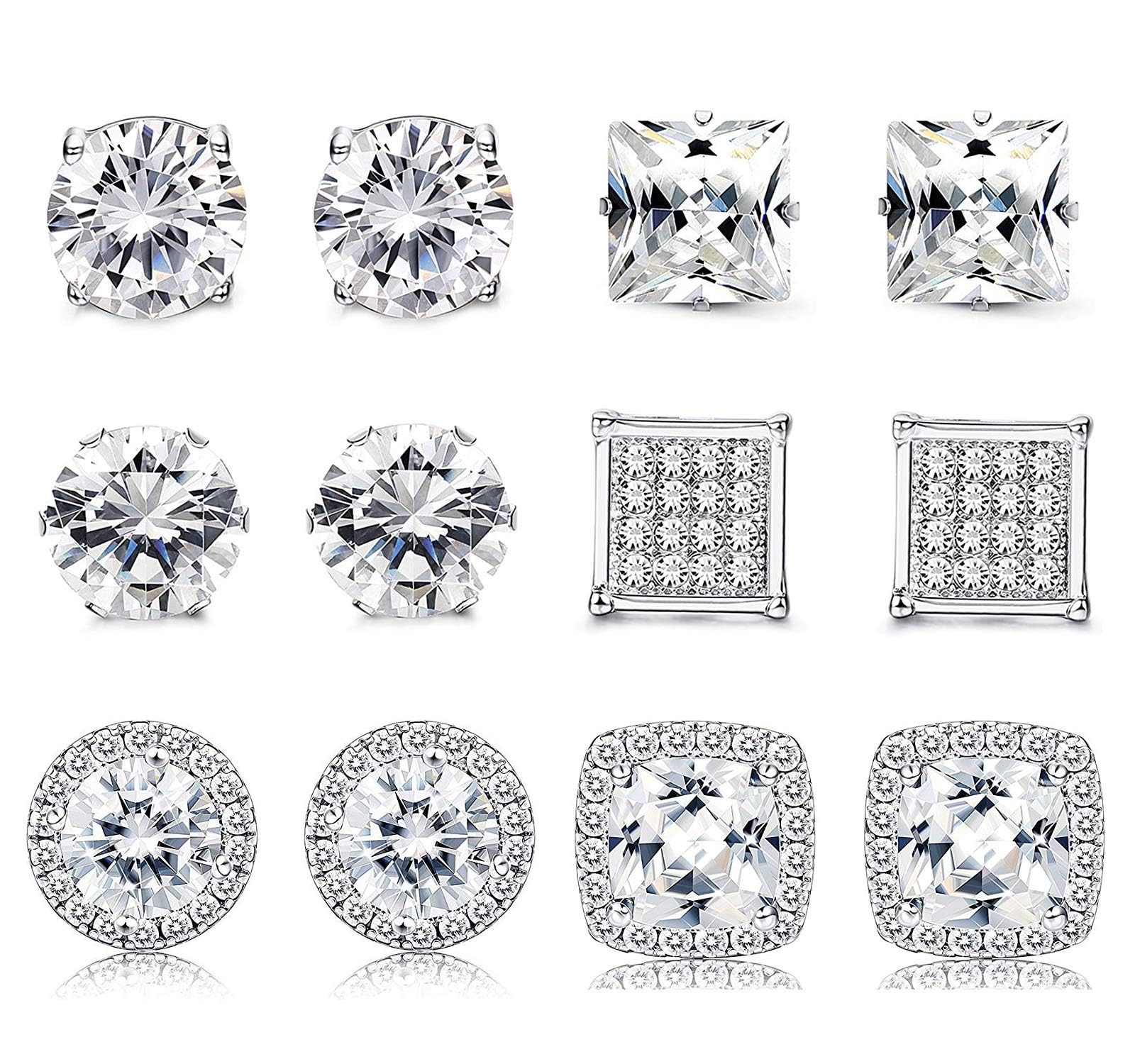 Finrezio 6 Pairs Stainless Steel Cubic Zirconia Stud Earrings for Women Men CZ Halo Earrings Set Round Square