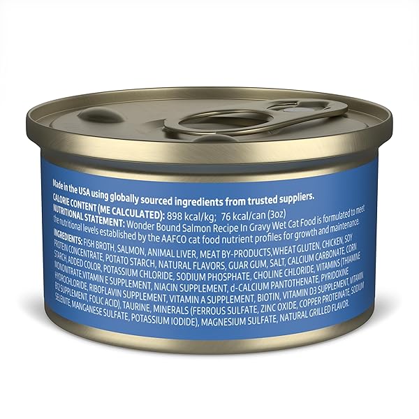AMAZON BRAND – WONDER BOUND CANNED WET CAT FOOD (SALMON RECIPE IN GRAVY), NO ARTIFICIAL FLAVORS, ADULT RECIPE, 3 OUNCE (PACK OF 24)