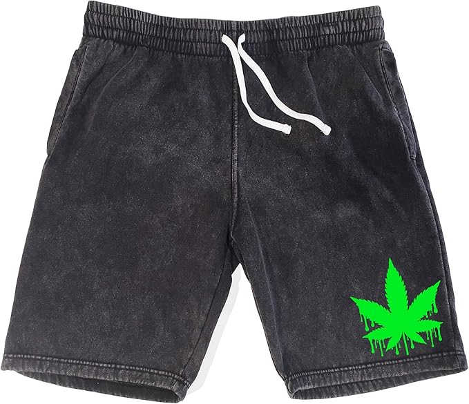 Men's Dripping Weed Leaf V450 Vintage Black Fleece Shorts