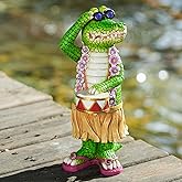 TOLIMI Hawaiian Alligator Garden Statue with LED Floral Garland - Fun Tropical Outdoor Decor, Resin Crocodile Figurine in Hula Skirt for Yard, Patio, or Home