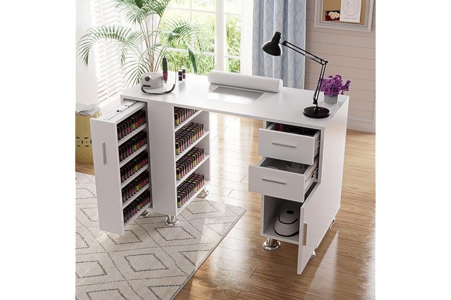 Manicure Table, Nail Tech Desk with Dust Collector, Acetone Resistant Nail Table Station with 4 Dust Bags & Wrist Rest, Beauty Salon Nail Supplies Workstation with Drawers Storage Cabinets, White