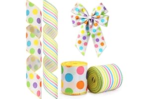 2 Rolls Easter Ribbon for Wreath Bow Wrapping Gift, Colorful Stripe Dots Easter Ribbon for Gift Wrapping Decoration Party Sup