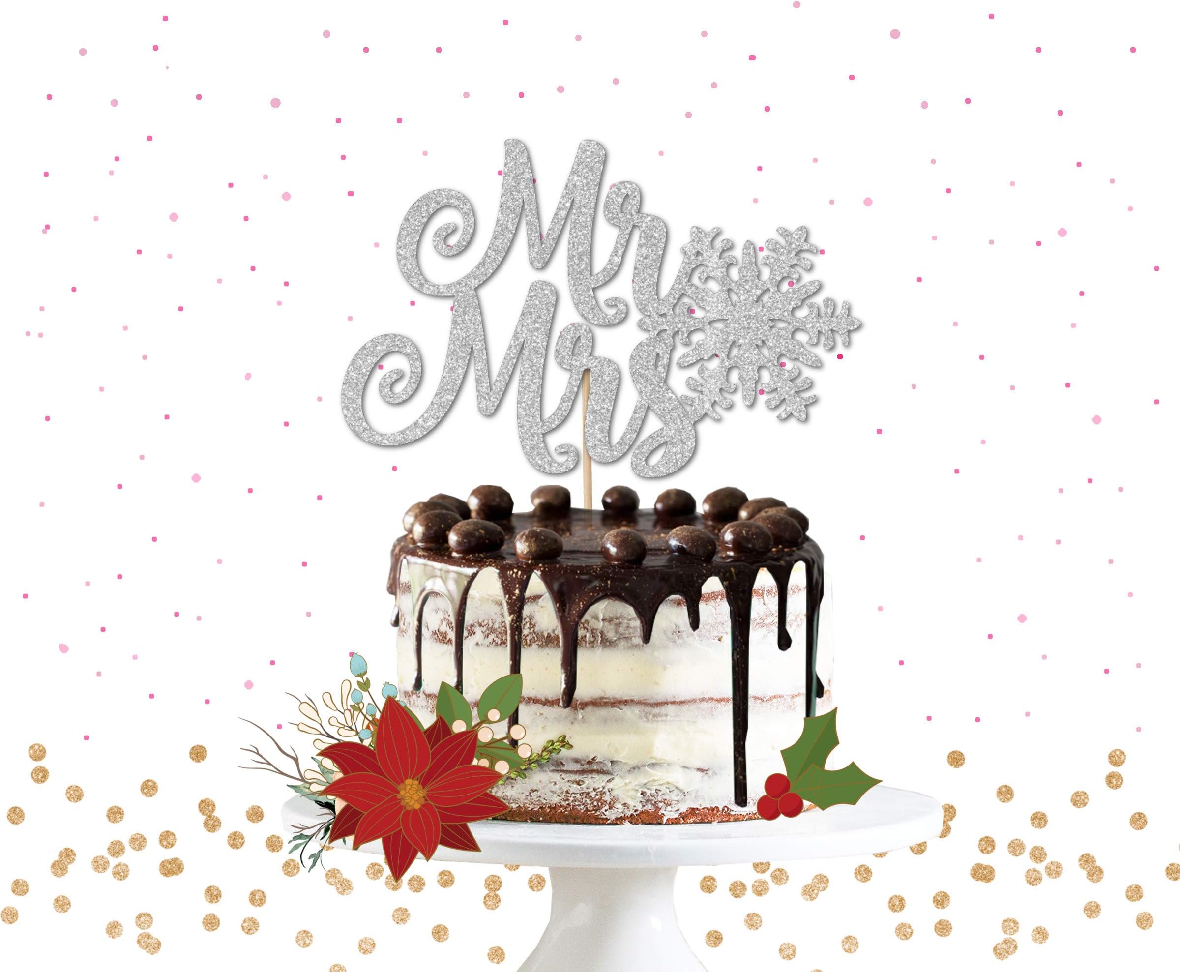 Silver Glitter Snowflake Mr & Mrs Cake Topper