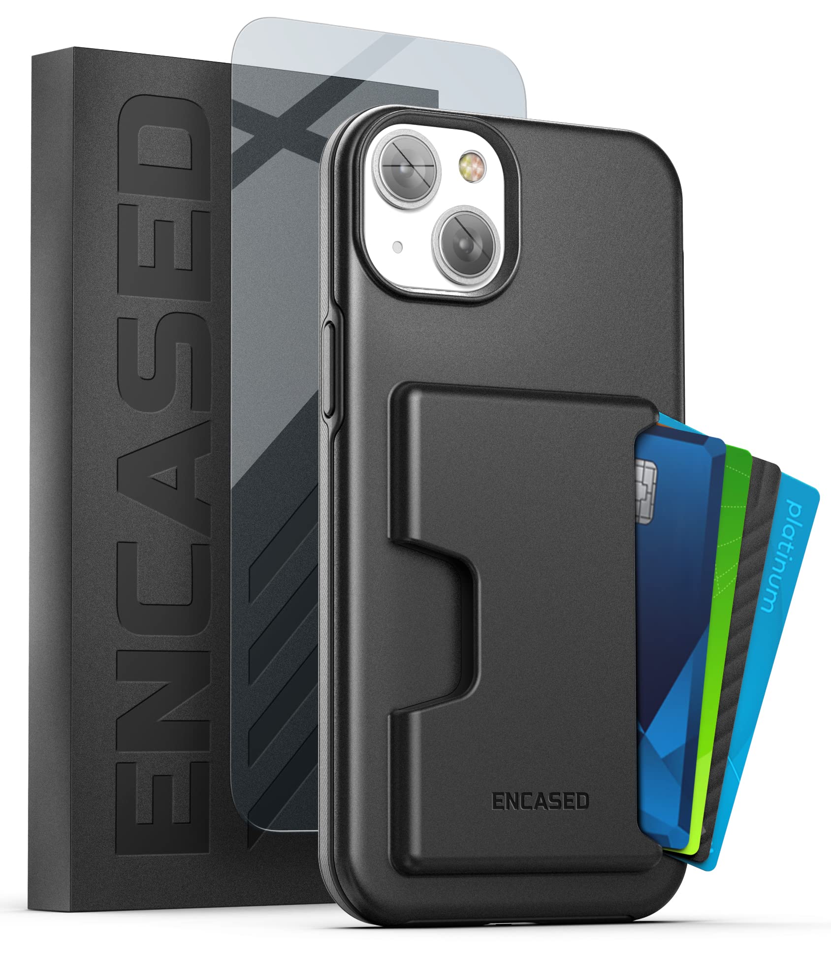 ENCASED Shockproof Wallet Case Designed for iPhone 14 Plus with Card Holder and Screen Protector (4 Credit Cards/IDs) - Black