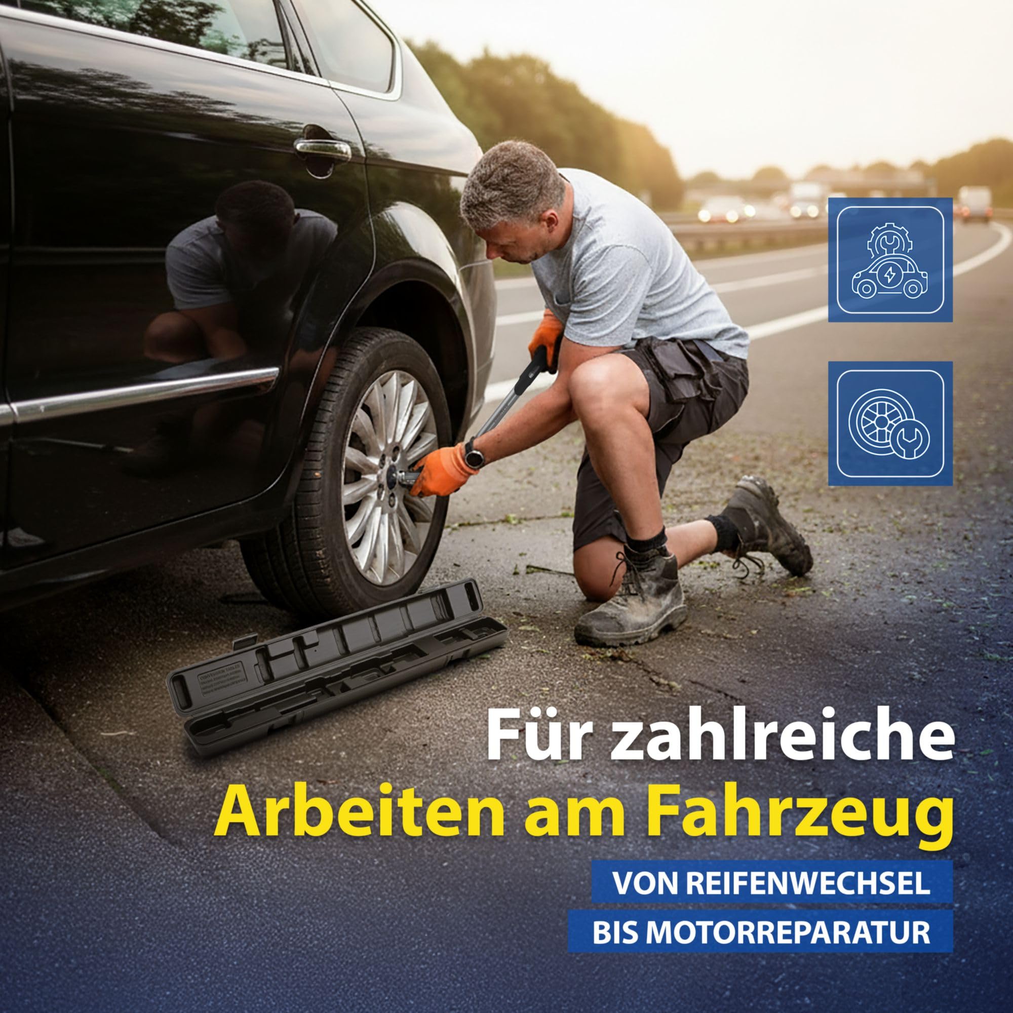 Goodyear Premium Drehmomentschlüssel, Einstellbar von 42 bis 210 Nm, Antrieb 1/2" Vierkant, inkl. Verlängerung und Stecknüsse 17 mm und 19 mm, Blau, Schwarz, Silber 4