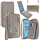 Lacass for iPhone 16 6.1 Inch 2024 Wallet Case, Crossbody Dual Zipper Detachable Magnetic Leather Wallet Case Cover Wristlets Wrist Strap 13 Card Slots Money Pocket (Floral Gray)