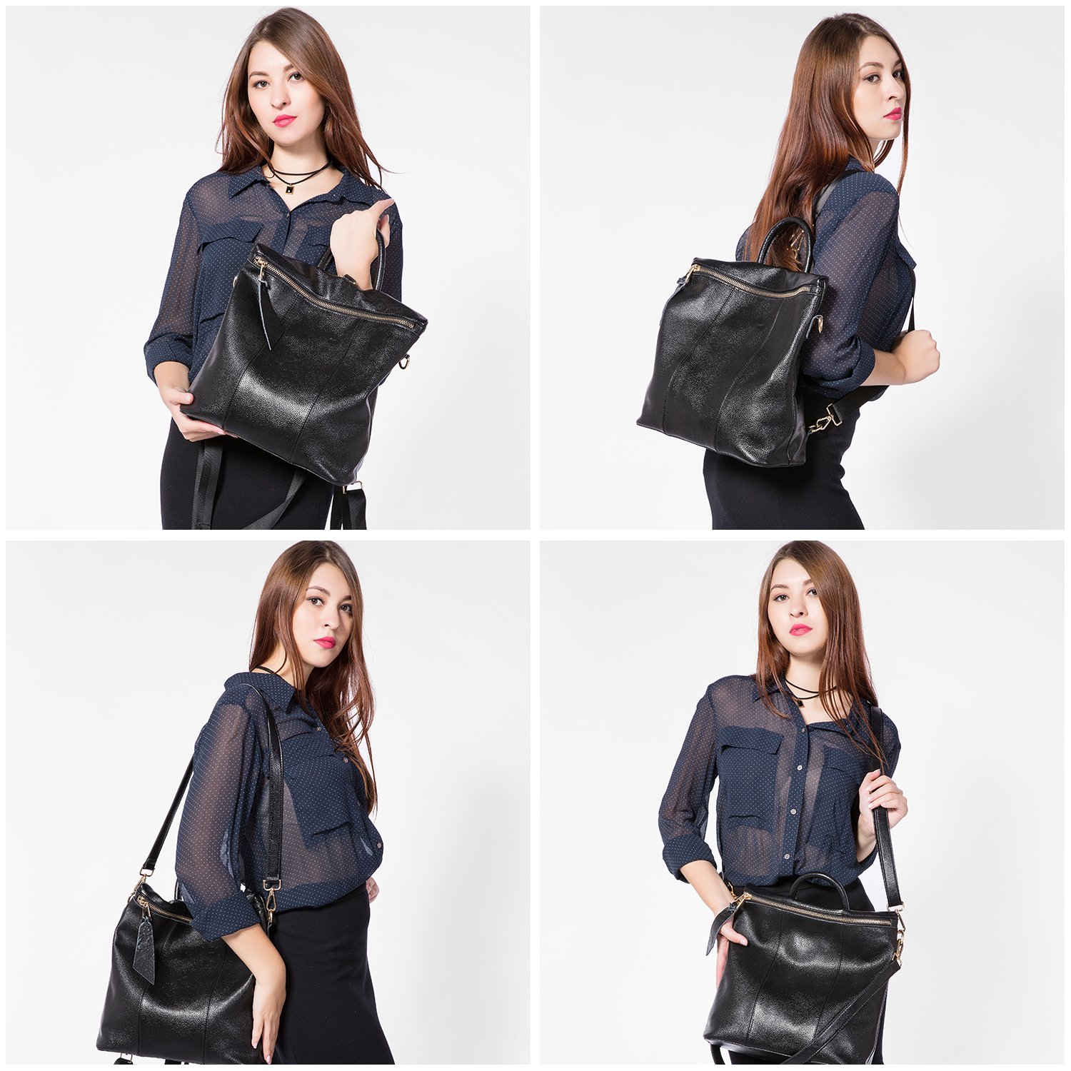 Sacs à Dos Femme en Cuir véritable Sac à Main Femmes Elégant Casual Cartable College Grande Mode Noir