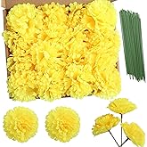 Jdsour 50 Pack Artificial Silk Carnation Picks, Artificial Flowers Carnation Heads with Stems for DIY Flower Wall Wedding Bouquets Centerpieces Arrangements Decorations -Yellow