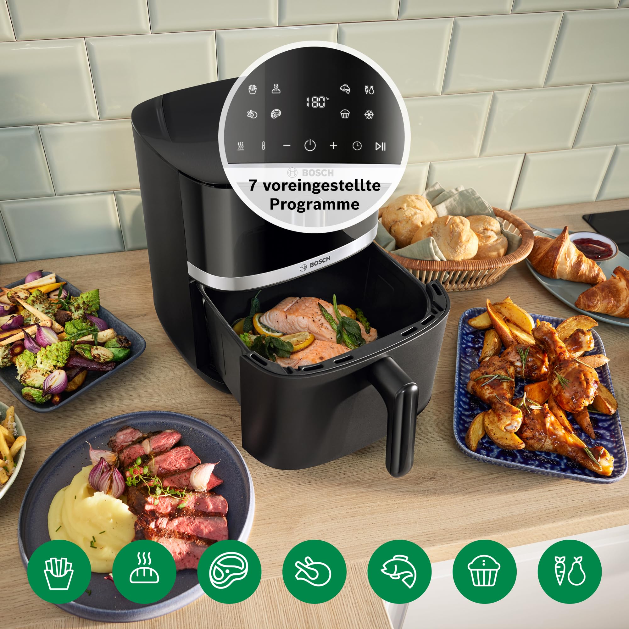 Bosch Heißluftfritteuse Serie 4, XL Air Fryer, schwarz, 6,1 L Fassungsvermögen, 7 Voreinstellungen, Auftau- und Warmhaltefunktion, Touchscreen, bis zu 60% schnelleres Kochen, MAF462B0 8
