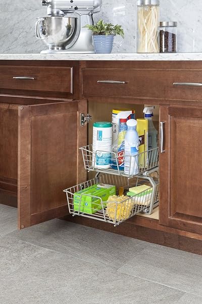 CLOSETMAID 11 IN. PULL OUT CABINET ORGANIZER, 2 TIER, HEAVY DUTY, SLIDE OUT PANTRY SHELVES DRAWERS FOR KITCHEN, BATHROOM, NICKEL