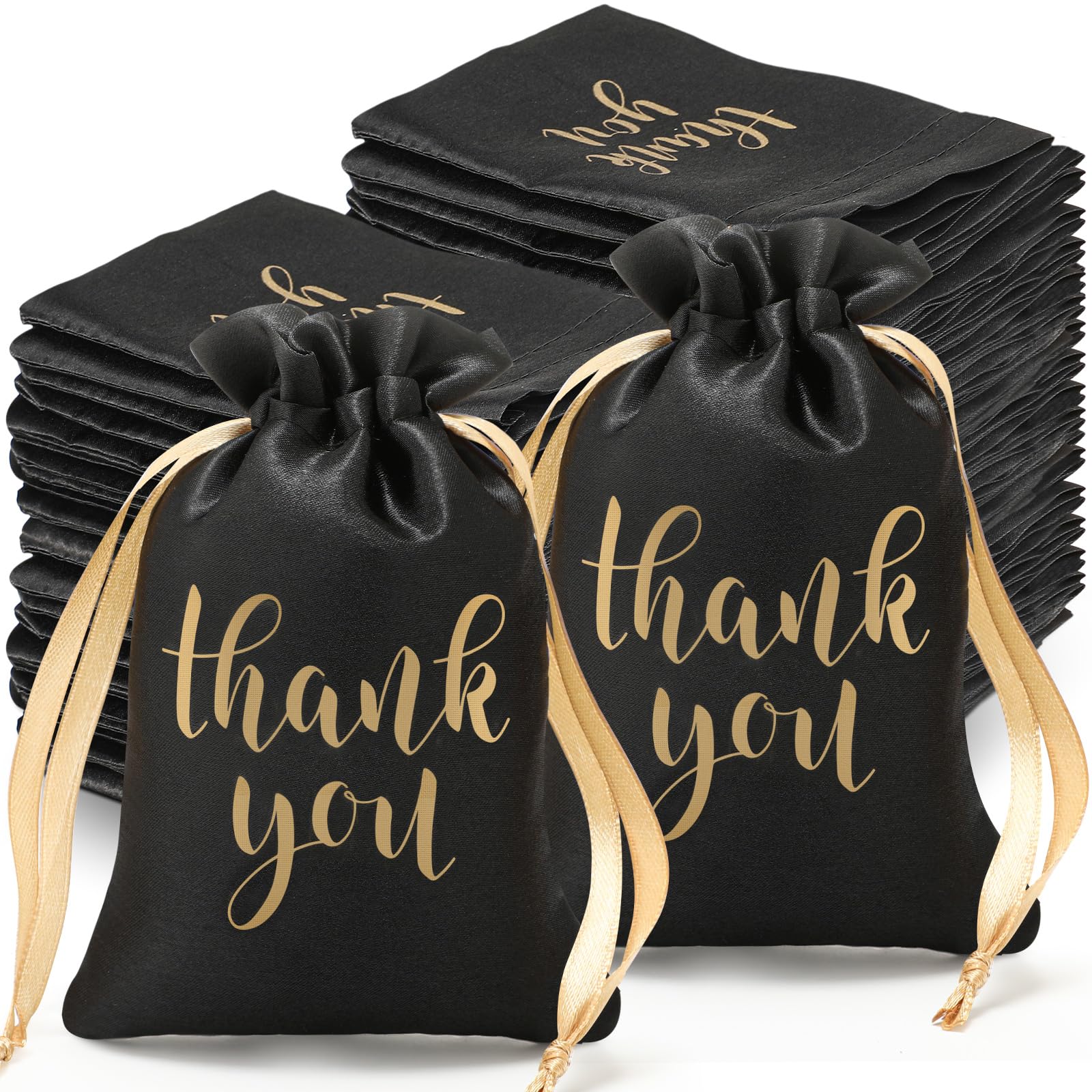Photo 1 of Roowest 100 Pcs Thank You Satin Gift Bags Drawstring Jewelry Candy Pouches for Wedding Bridal Shower Baby Shower Favor Drawstring Bag for Birthday Holiday Party(6 x 9 Inch,Black)