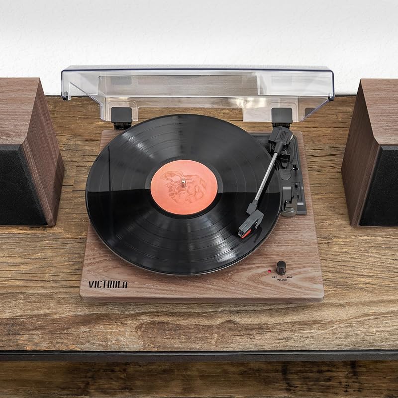 Montauk – Platine Vinyle à Courroie 3 Vitesses avec Haut-parleurs stéréo Bluetooth, Sortie RCA, Prise Casque 3,5 mm, Couvercle Amovible (Finition Noyer Rustique) — photo 3 sur 5