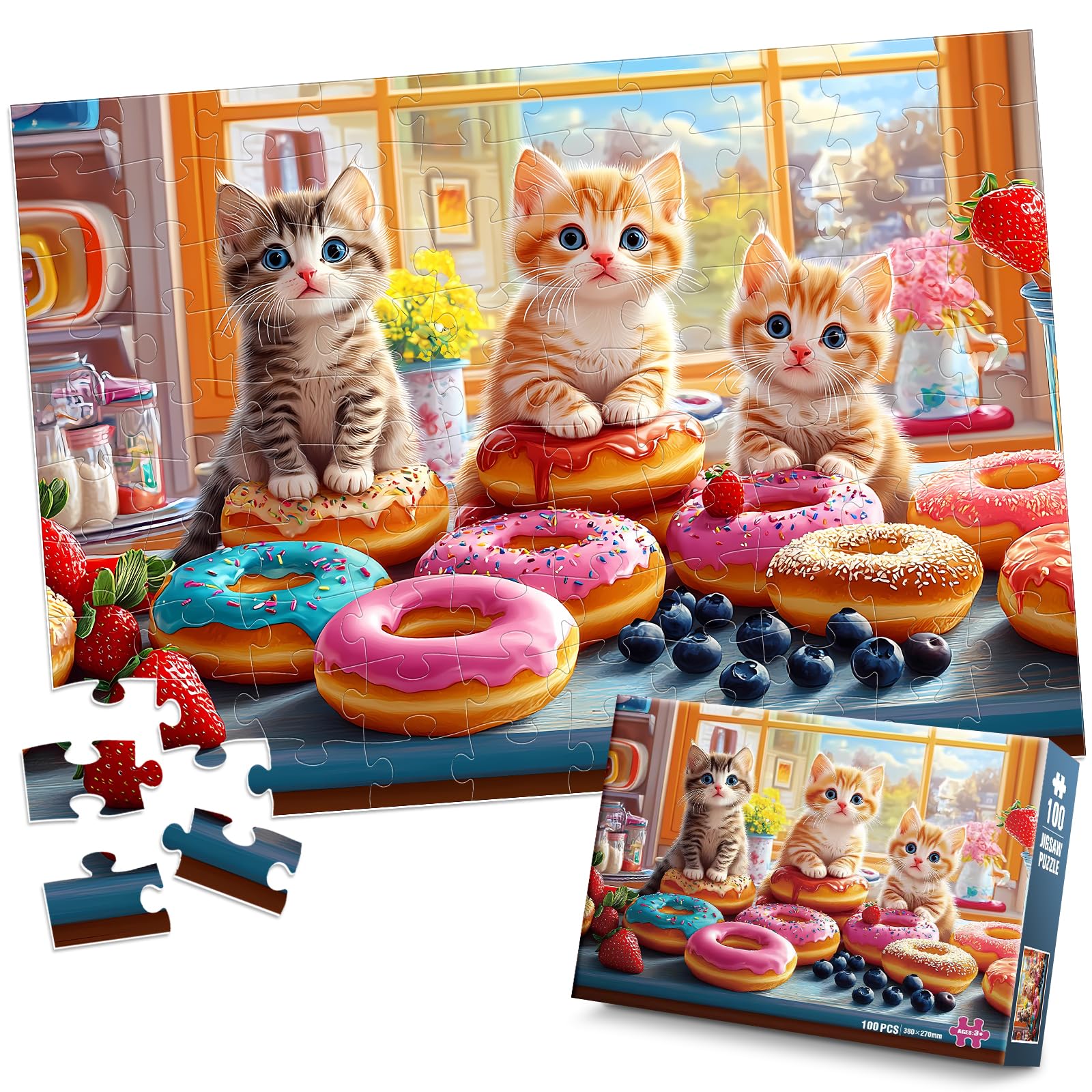 100 Piece Puzzles - Adorable Cats Donuts Puzzle for Kids Ages 4-6 6-8 8-10, Large Piece Puzzle for Seniors Dementia Alzheimer's Activity for Adults Kids Puzzles Ages 5-8 Great Gift for Boys Girls