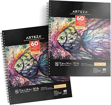 Arteza 11x14 Mixed Media Sketch Book 2 Pack 110lb180gsm 120 Sheets Acid Free Micro Perforated Spiral Bound Pad Ideal For Wet And Dry Media