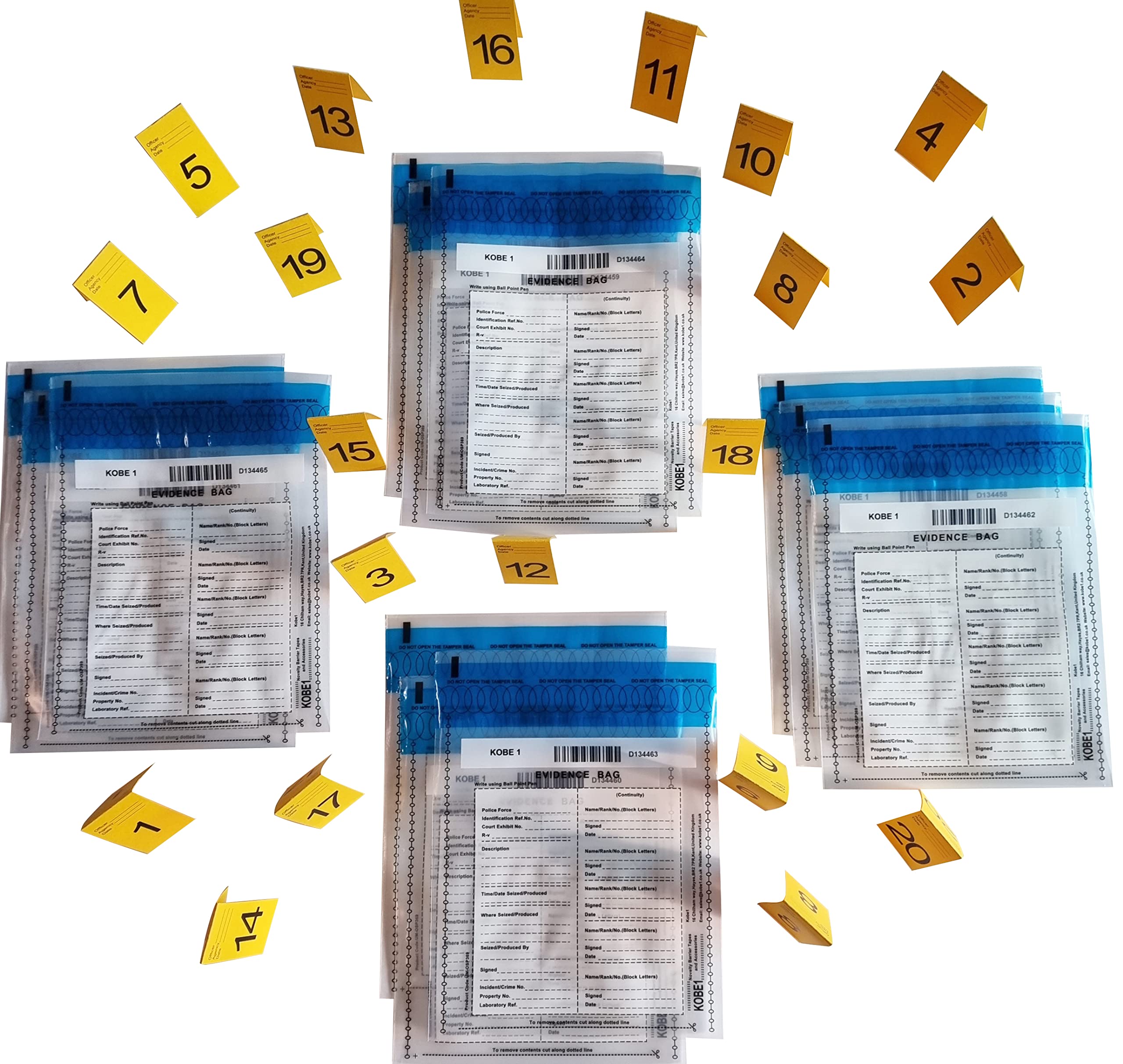 Kobe1 Evidence Collection bags (x12),Photo Evidence Markers,Frames,Cards:1-20,(7cm x 4cm).Crime Scene,CSI,Police props.