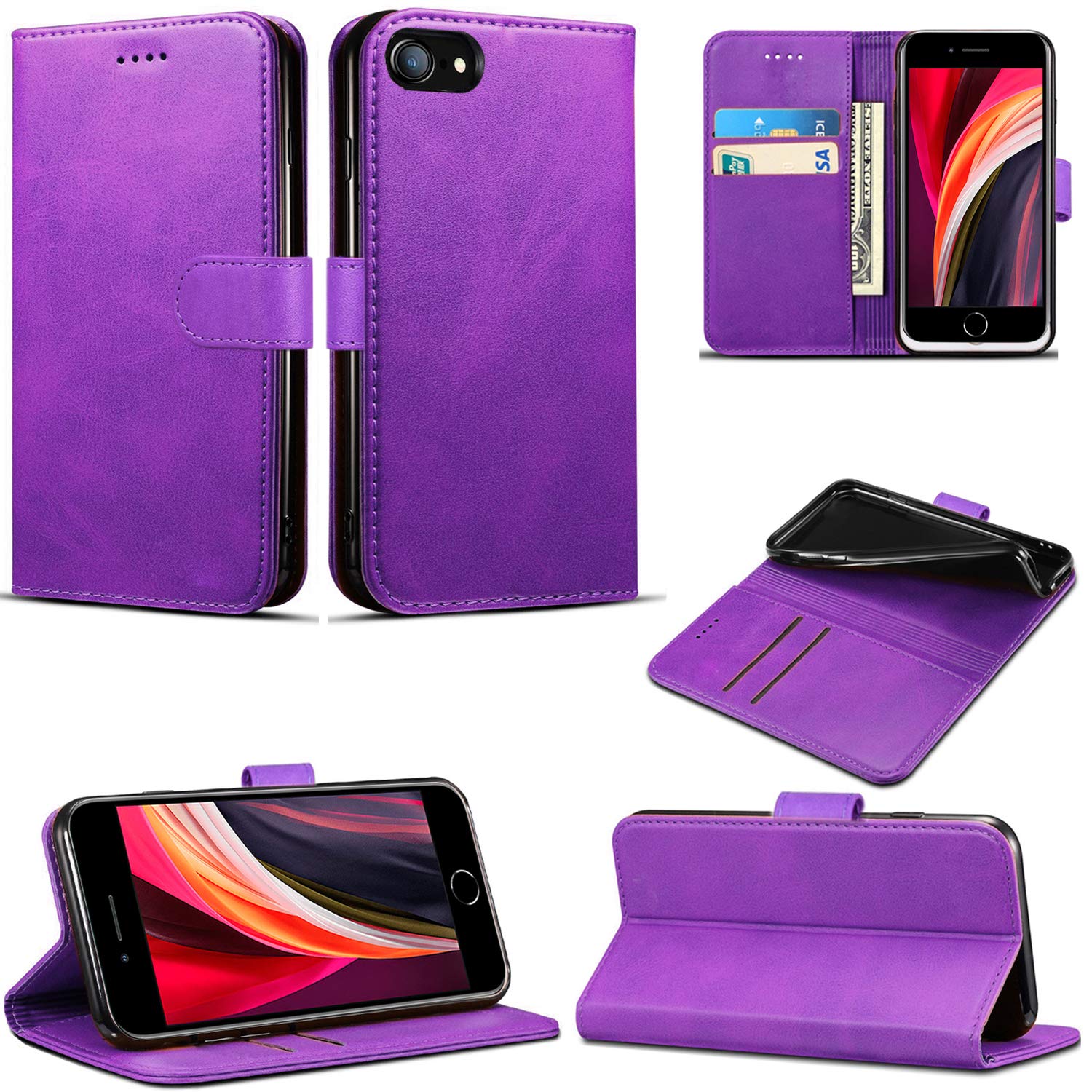 Case for iPhone SE 2022 / iPhone SE 2020, Slim PU Leather Flip Protective Magnetic Wallet Cover With Card Holder and Stand Function Compatible With Apple iPhone SE 2022 / SE 2020 (4.7") (Purple)