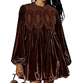 Huaqiao Womens A-Line Velvet Lace Overall Pleated Babydoll Mini Dress Casual Scallop Neck Flared Swing Dress