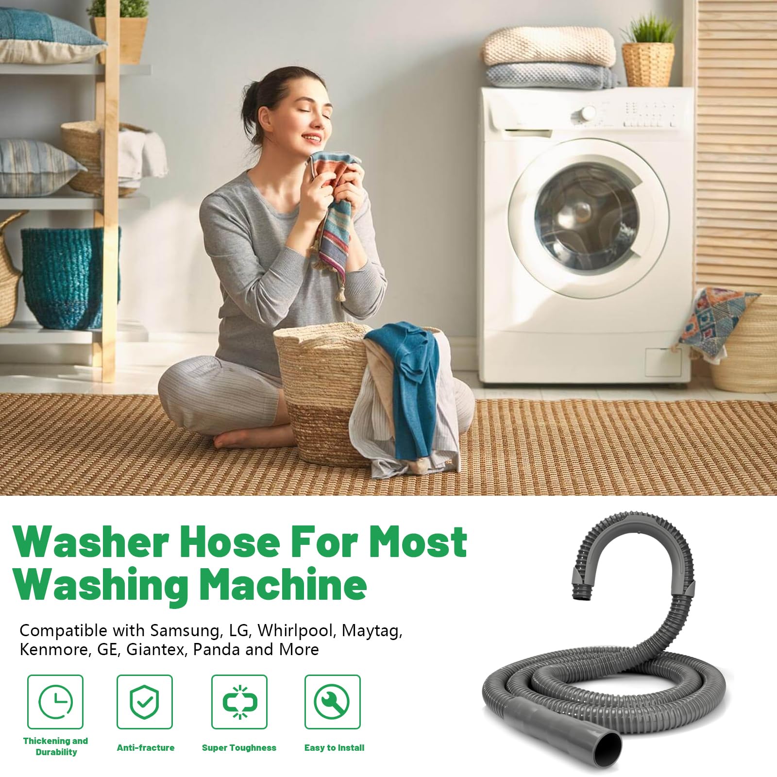 Universal Washing Machine Drain Hose Compatible with Samsung, LG, Whirlpool, Maytag, Kenmore, GE, Giantex, Panda and More - 10 Ft Corrugated Flexible Washing Hose with Clamp and U-Bend Holder
