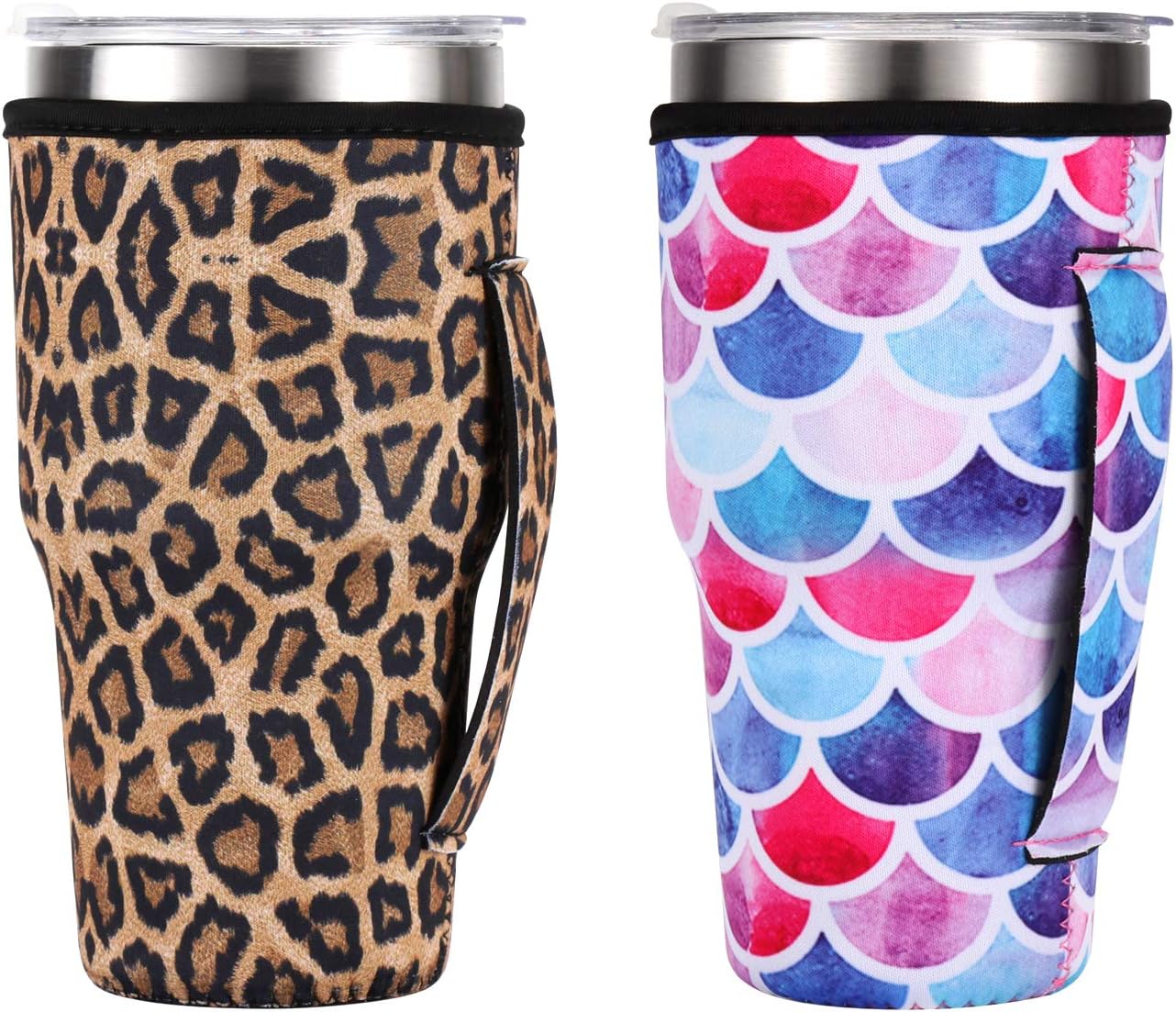 Reusable Iced Coffee Cup Sleeve, Neoprene Cup Insulator Sleeve Cup Cover with Handle, Insulated Drinks Sleeve Holder for 30 oz Cold Hot Beverages, 2 Pieces