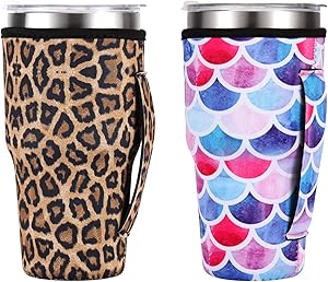 Reusable Iced Coffee Cup Sleeve, Neoprene Cup Insulator Sleeve Cup Cover with Handle, Insulated Drinks Sleeve Holder for 30 oz Cold Hot Beverages, 2 Pieces