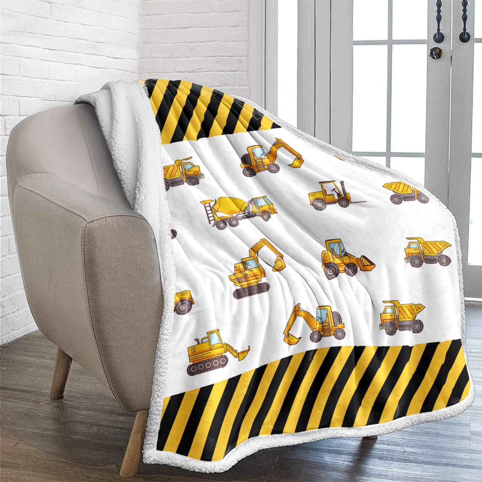 Lunoroey Digger Blanket Throw Kids Boys Excavator Trucks and Transport Construction Truck Engineering Vehicle Throws Blankets Soft Sherpa Blanket