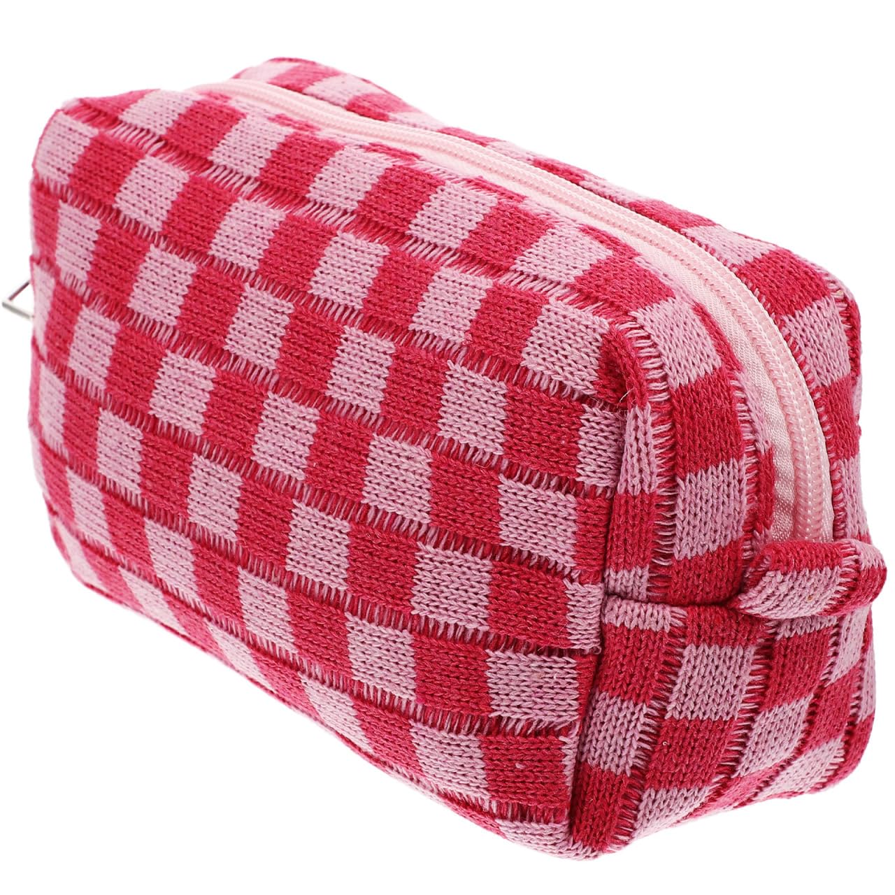 SOIMISS Large Capacity Makeup Bag with Portable Travel Cosmetic Bag, Checkered Woolen Yarn Toiletry Bag, Lightweight Cosmetic Storage Organizer for Women's Daily Use (Pink)