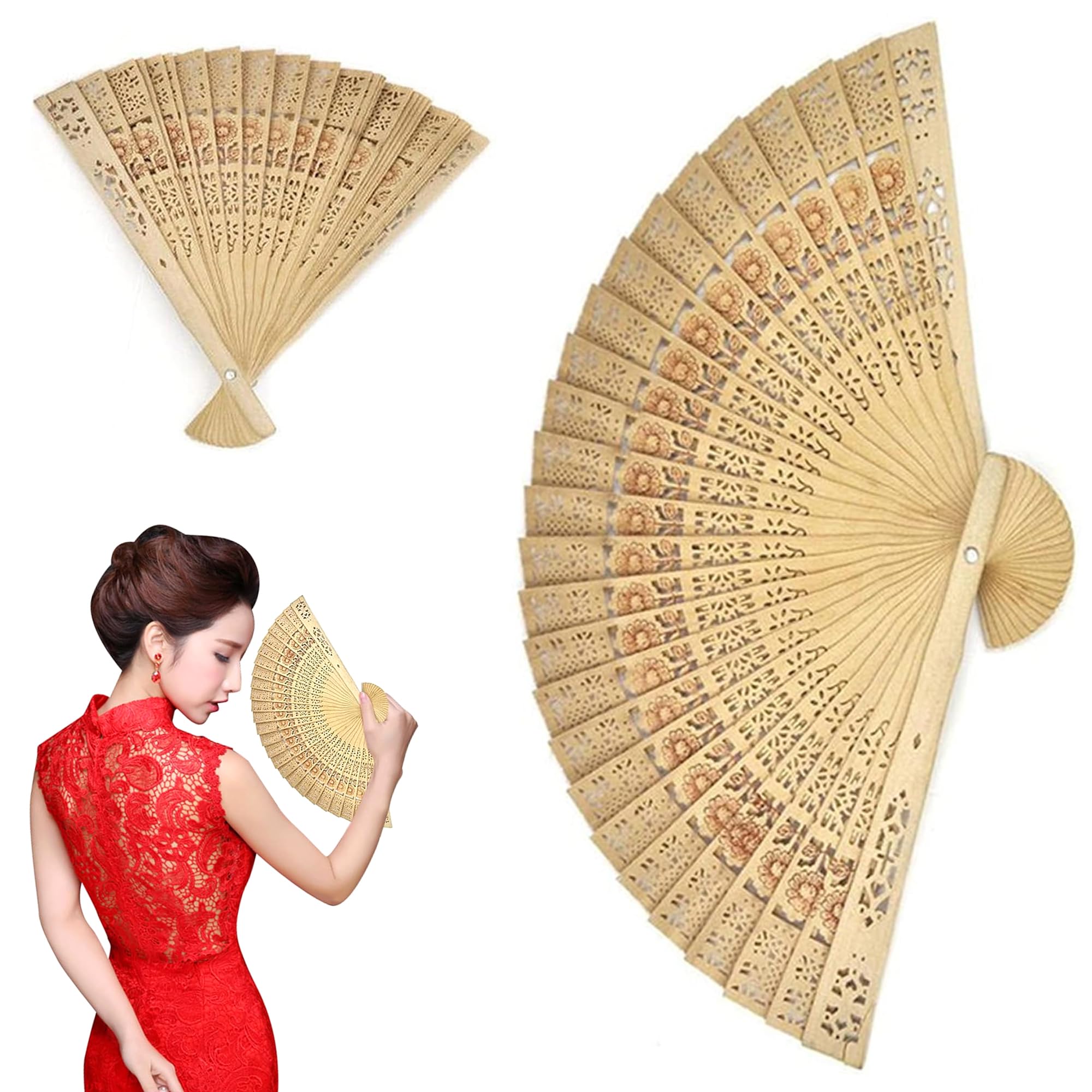 Wedding Prom Dance Party Lace Silk Folding Hand Held Fan Sequins Flower Pattern Spanish Style Fan Church Gifts Favors Home DIY (1 x Wooden Bamboo Fan)