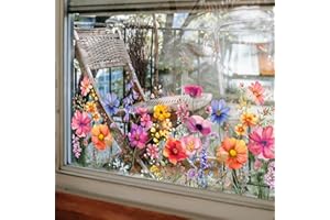 LWTYXU 2 Sets Flower Window Clings, Colorful Floral Bouquet Window Sticker, Wildflower Grass Windows Decals, Lily Peony Poppy Floral Stickers for Bedroom Living Room TV Office Decor Home Decoration