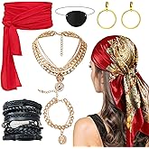 WYVAS Pirate Costume Accessories Set for Women Pirate Head Scarf Pirates Sash Belt Necklace Bracelets Eye Patch Earrings Dress Accessories for Cosplay Party Dress-Up Ren Faire Carnival