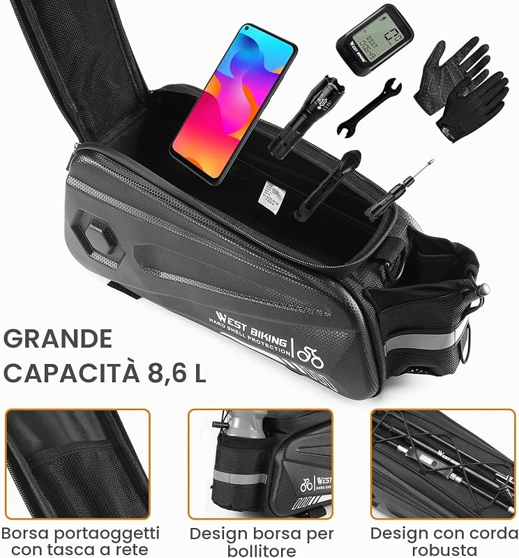 Borsa per sedile posteriore della bici, borsa per portapacchi della bicicletta, doppia cerniera impermeabile, borsa cargo per sedile posteriore da ciclismo, con tracolla, cinghia da polso