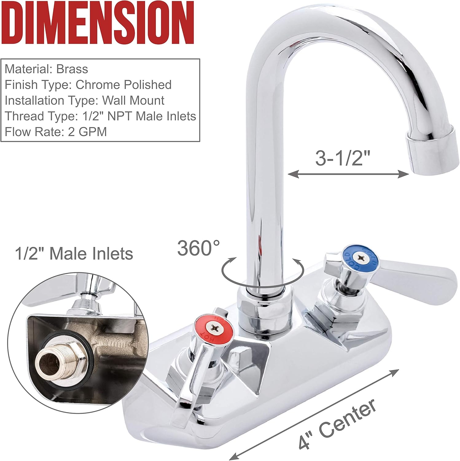 Kitchen Sink Faucet Wall Mount - DuraSteel 4" Center Commercial Kitchen Sink Faucet with 3-1/2" Gooseneck Spout - Dual Lever Handles - Brass Constructed & Chrome Polished - - 