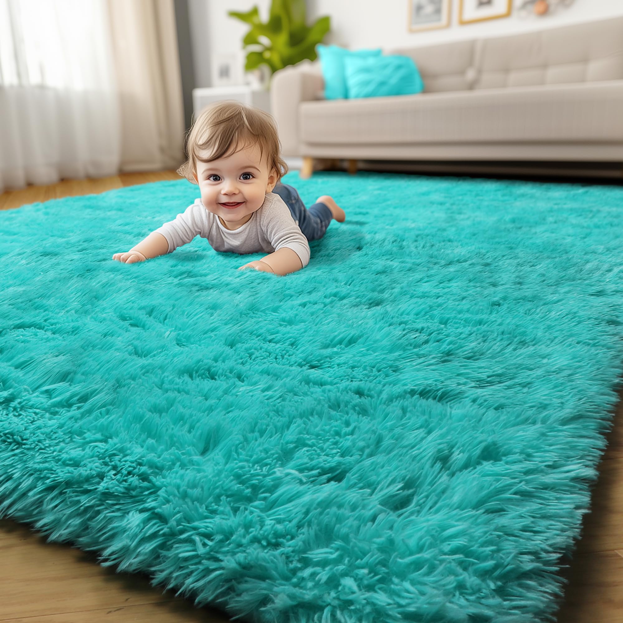 Photo 1 of Amdrebio Blue Area Rugs for Bedroom, Fuzzy Fluffy Furry Rug 5x8 for Living Room, Cute Plush Shaggy Carpet for Kids Teen Girls Boys, Baby Light Turquoise Teal Rugs for Nursery Playroom Classroom Dorm