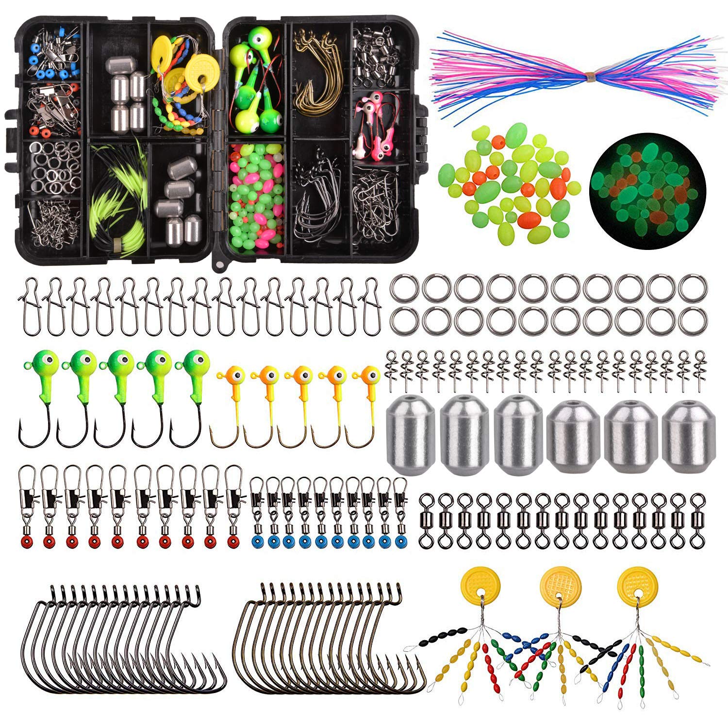 Fishing Tackle Box Kit Including Fishing Hooks,Sinker Weights,Crossline Barrel Swivel, Rolling Swivel Snap,Jig Hooks,Sinker Slides, Beads with Tackle Box (174pcs Kit)