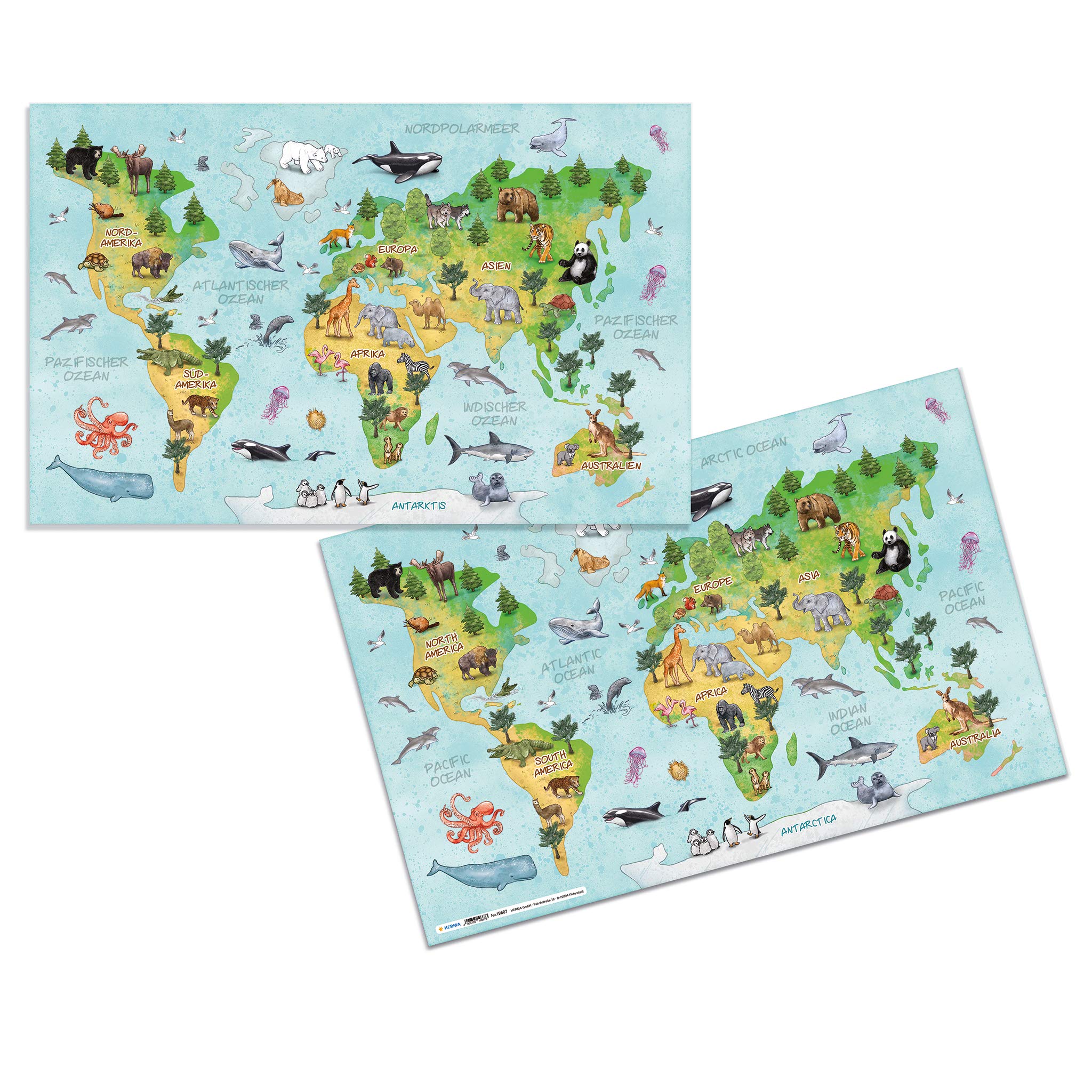 HERMA 19667 Desk Mat Nursery World Map Wipe-Clean Children's Desk Mat Made of Cardboard, 55 x 35 cm, Double-Sided Motif Table Mat for Girls and Boys