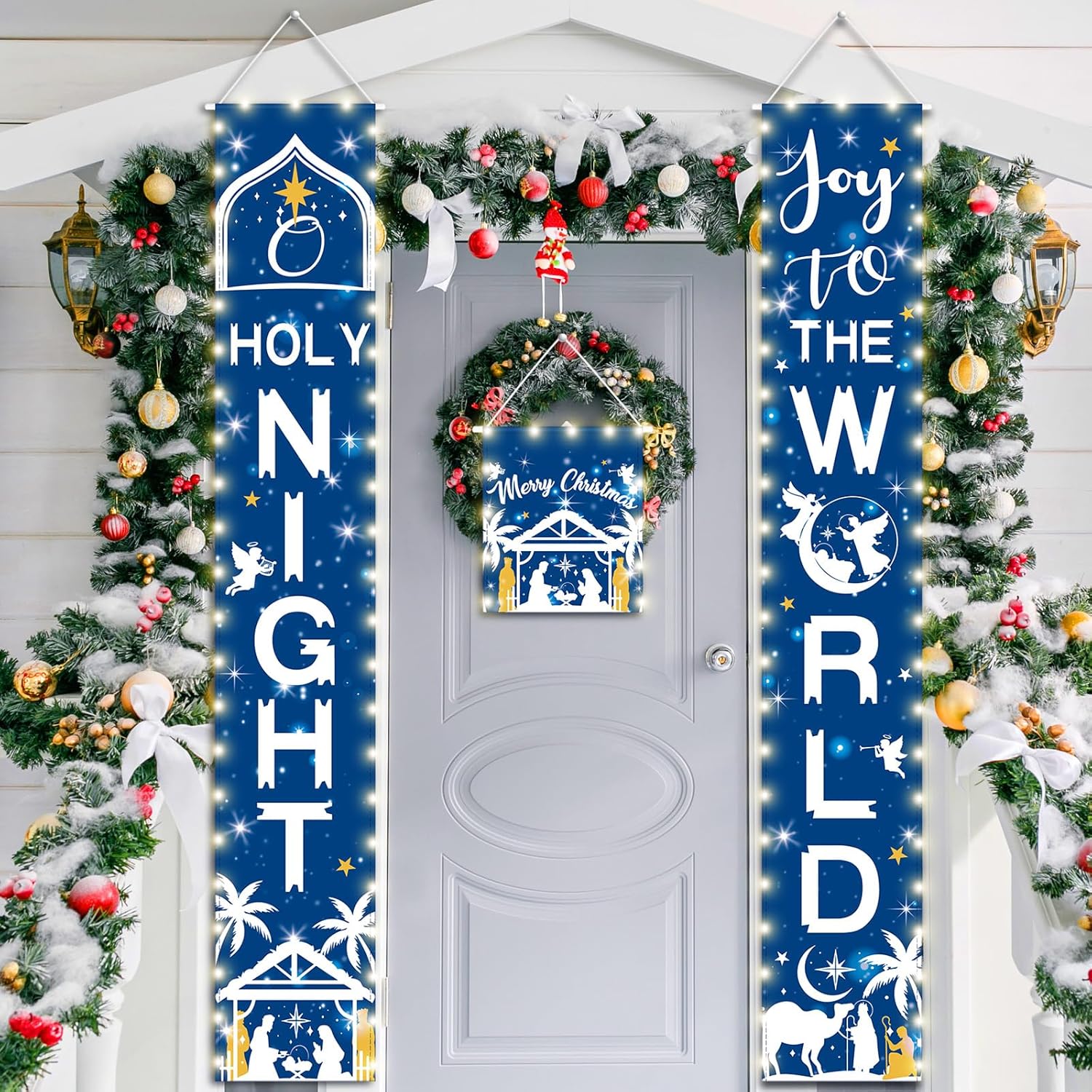 Wreath Hangers - 3 Pieces Holy Night Christmas Nativity Porch Sign with LED Lights Blue Christmas Religious Decoration Glow Merry Christmas Door Banner Yard Decor Hanging Banner for Holiday Outdoor Indoor