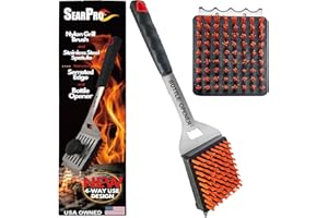 SearPro 4-in1 Grill Brush BBQ Cleaner Scraper Barbecue Tool Accessories Kit Heat Resistant Nylon Bristle Spatula Outdoor Smoker Black Stone Grate Cast Iron Spatula Non-Wire Brush Combo