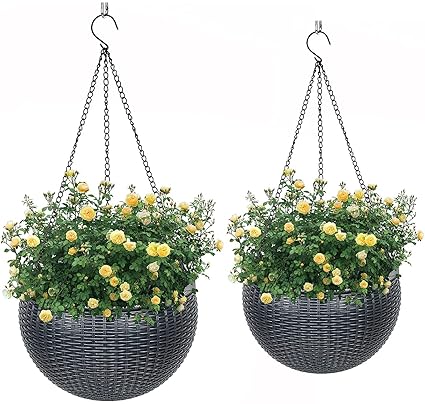 FEELING MALL Round Hanging Basket Rattan Plastic Flower Pot Resin Garden Hanging Planter for Indoor Outdoor Plants for Indoor Plants, 2 Pack Hanging Dual Pot with Chain for Planter and Flowers