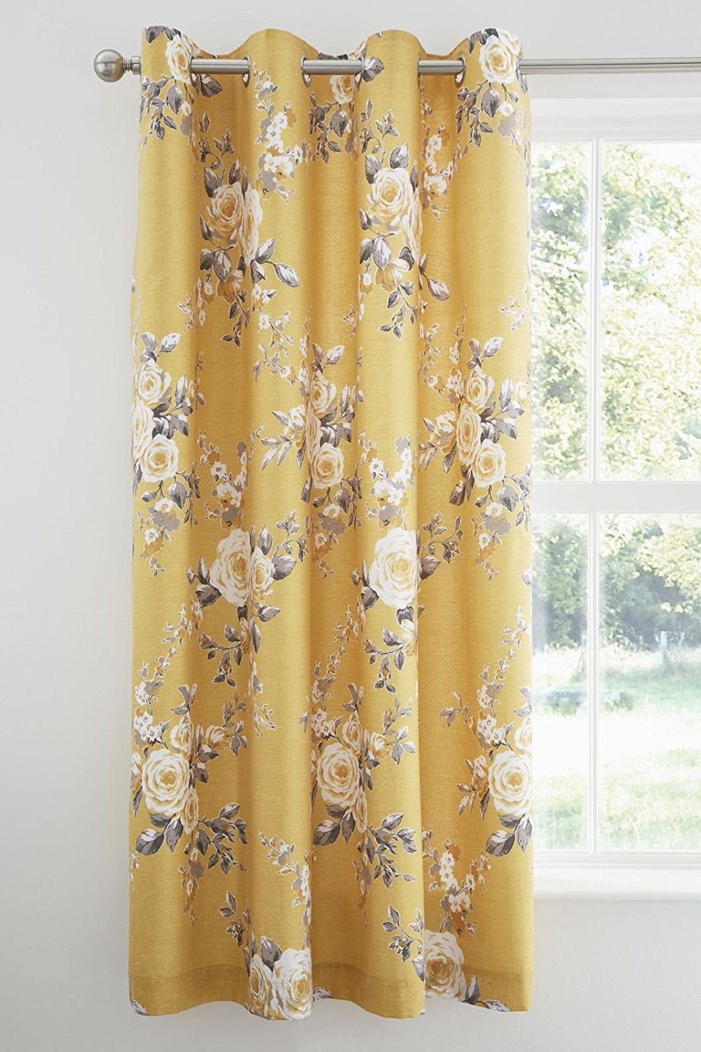 Catherine Lansfield Canterbury Floral 66x72 Inch Lined Eyelet Curtains Two Panels Ochre Yellow